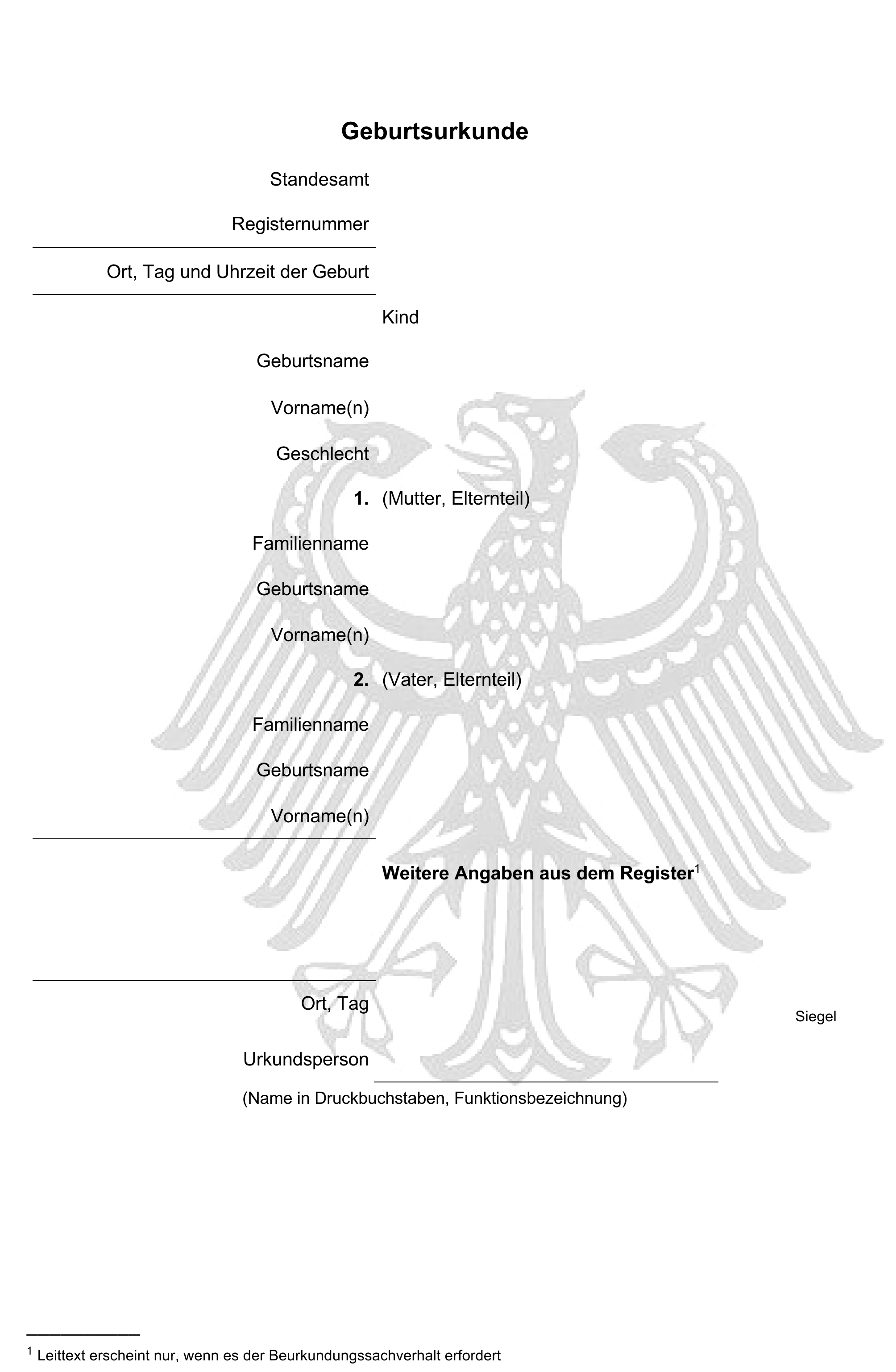 Geburtsurkunde Dieses Foto zeigt ein Muster der Geburtsurkunde: Urkunde mit Angaben zu Geburt, Kind, Eltern, Register und Siegel.