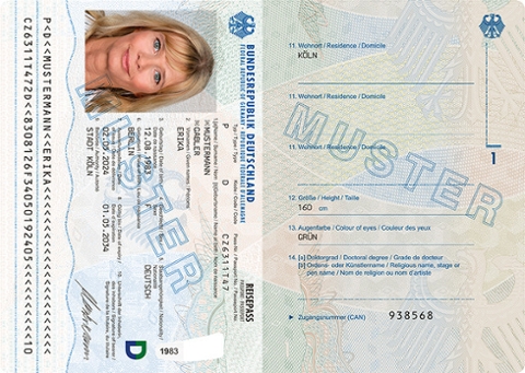 Reisepass Muster Datenseiten Dieses Foto zeigt ein Muster der Datenseiten des Reisepasses, Foto und Personendaten, maschinenlesbare Zone, Sicherheitsmerkmale