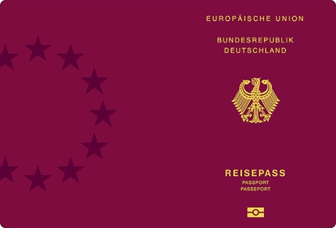 Reisepass Muster Einband Dieses Foto zeigt ein Muster des Einbands des Reisepasses, bordeauxrote Vorder- und Rückseite mit Bundesadler, Beschriftung und EU-Flagge