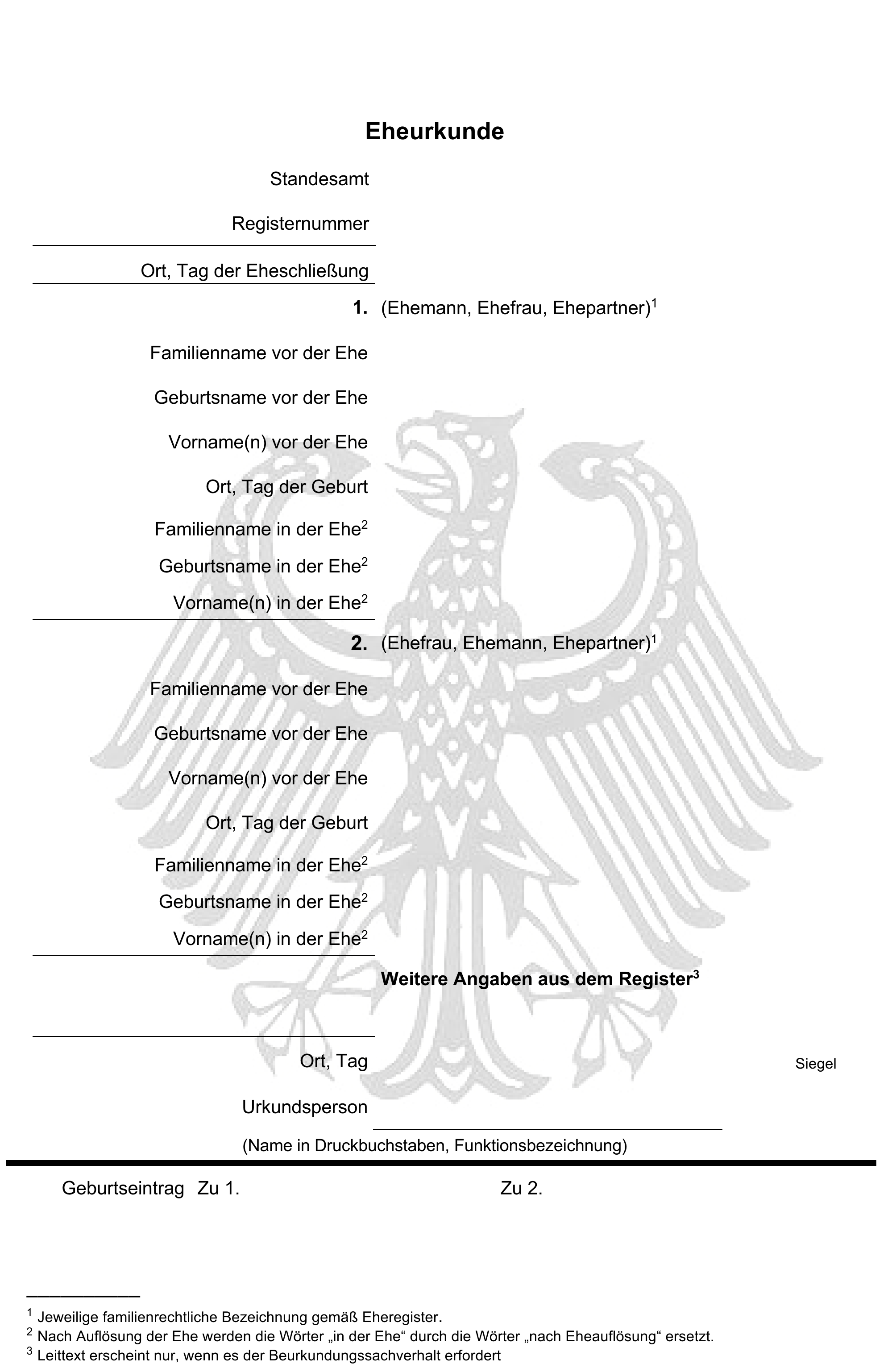 Eheurkunde Dieses Foto zeigt ein Muster der Eheurkunde: Urkunde mit Angaben zu Eheschließung, Ehegatten, Register und Siegel.